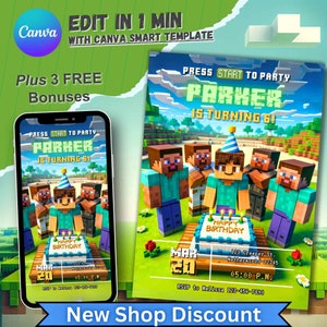 Videospiel-Geburtstagseinladung, personalisierte Einladung für Jungen-Mädchen, Minecraft-Thema, Gamer-Geburtstagsparty, bearbeitbare 5.b-Day-Karte, Minecrafter