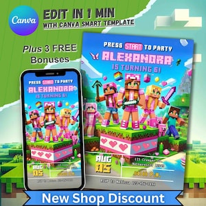 Invitación de cumpleaños de videojuegos, invitación personalizada para niñas, tema de Minecraft, fiesta de cumpleaños de jugador, tarjeta de niña editable del quinto día, Minecrafter
