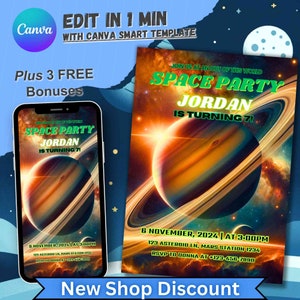 Convite de aniversário do espaço sideral, convite personalizado para meninos e meninas, festa de aniversário de astronauta, cartão editável de 5º aniversário, menino de quinto aniversário da NASA