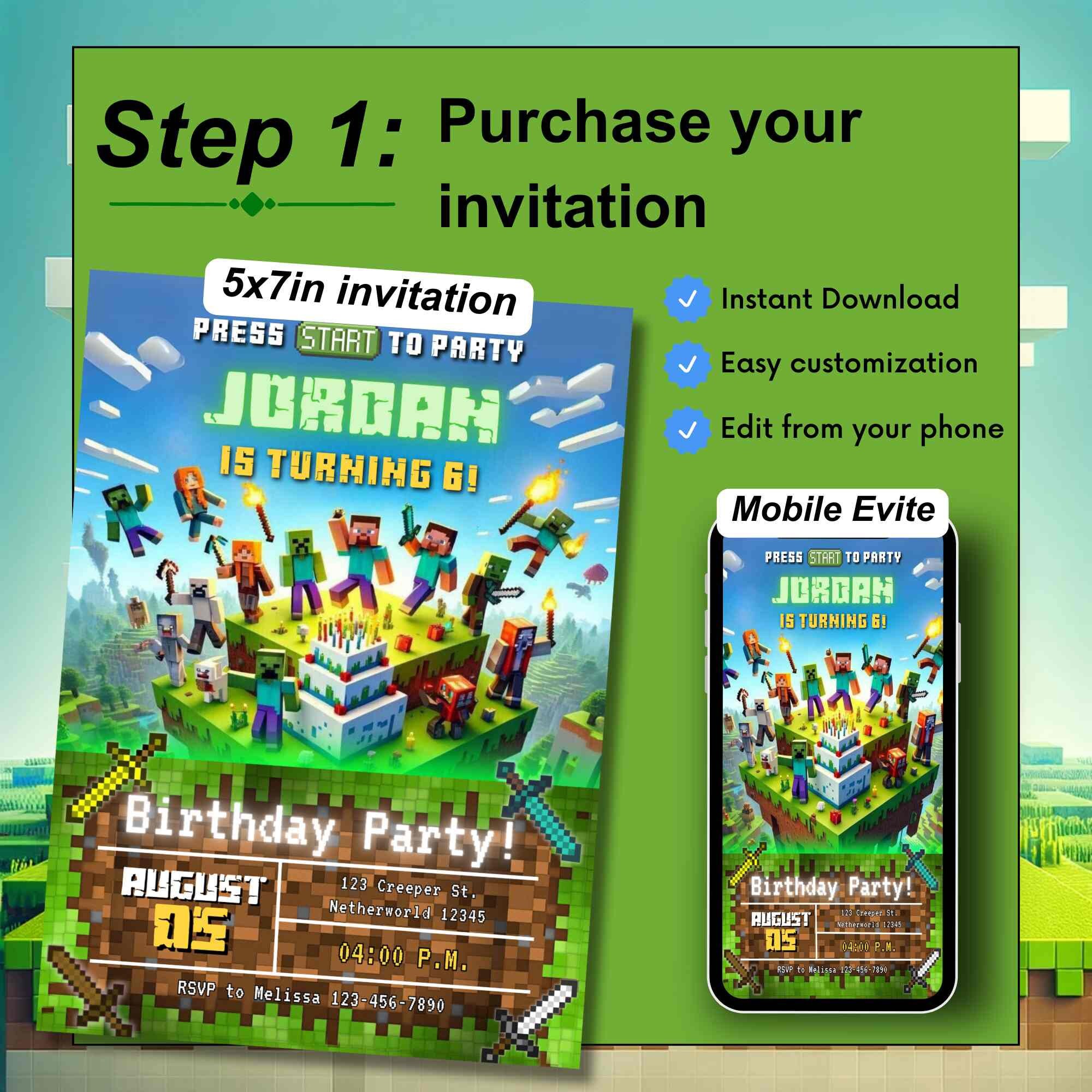 Minecraft Invite Code Playstation Video Game Birthday Invitation, Personalized Invite for Boys Girls ...
