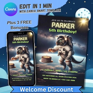 Invitation d'anniversaire dans l'espace, invitation personnalisée pour garçons et filles, anniversaire d'astronaute, carte modifiable pour le 5e anniversaire de mariage, cinquième anniversaire de la NASA pour garçon