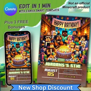 Inoffizielle Minecraft-Geburtstagseinladung, personalisierte Einladung für Jungenschwarz, Mine Craft Bday Party, bearbeitbare 5.b-Day-Karte, Minecrafter