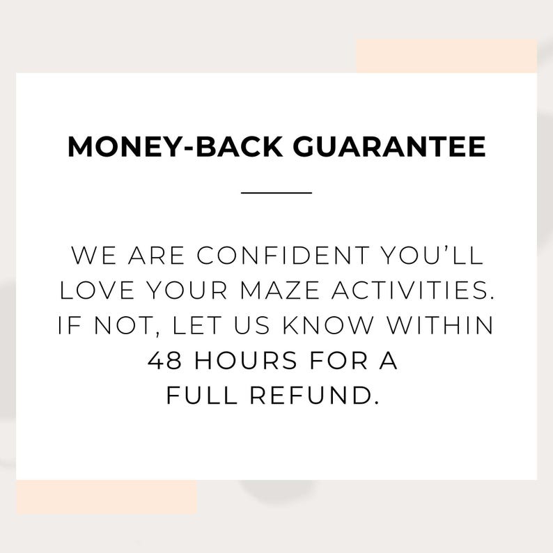Money-back guarantee on Christian maze activities for kids. Full refund within 48 hours if you're not satisfied. Confidence in our Bible-themed printables, perfect for Sunday School, homeschool activities, and Bible verse learning for young children.