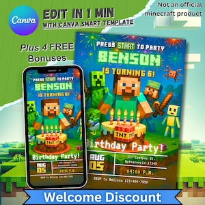 Invito di compleanno non ufficiale a tema Minecraft, invito Minecraft per bambini e bambine, festa di compleanno a tema Minecraft, invito di compleanno Minecraft modificabile per bambini