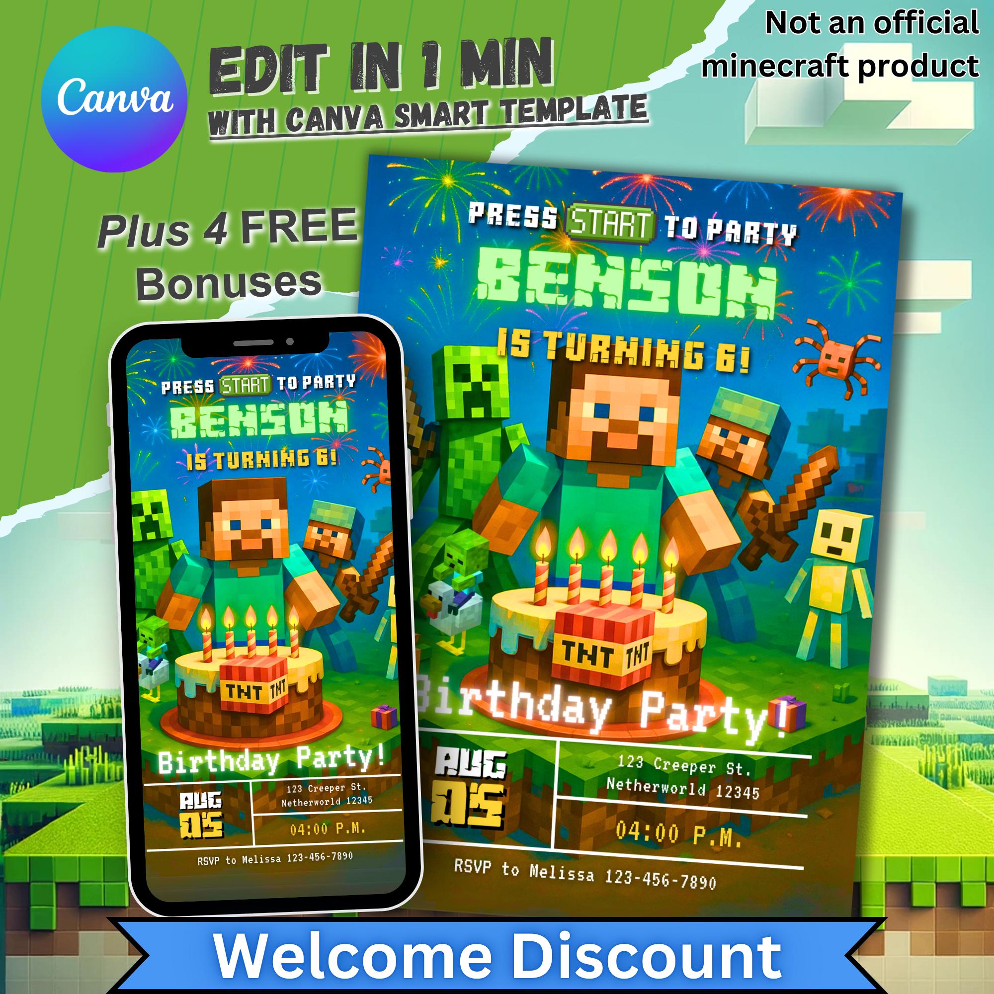 Unofficial Minecrafter Birthday Invitation, Minecraft Invite for Boys and Girls, Mine Craft Theme Bday Party, Editable MinecraftBirthday Boy