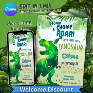 Convite de aniversário de dinossauro, convite personalizado para meninos e meninas, tema de festa de aniversário de Dino, cartão de primeiro aniversário editável, primeiro aniversário de menino trex
