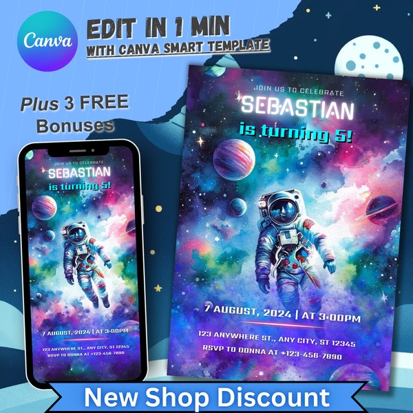 Weltraum-Geburtstags-Einladung, personalisierte Einladung für Jungenmädchen, Astronaut-Bday-Party, bearbeitbare 5