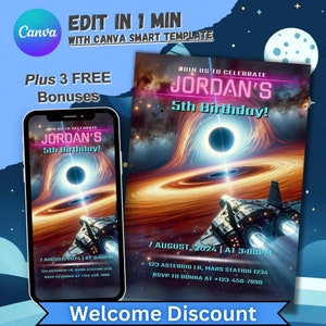 Convite de aniversário do espaço sideral, convite personalizado para meninos e meninas, festa de aniversário de astronauta, cartão editável de 5º aniversário, menino de quinto aniversário da NASA