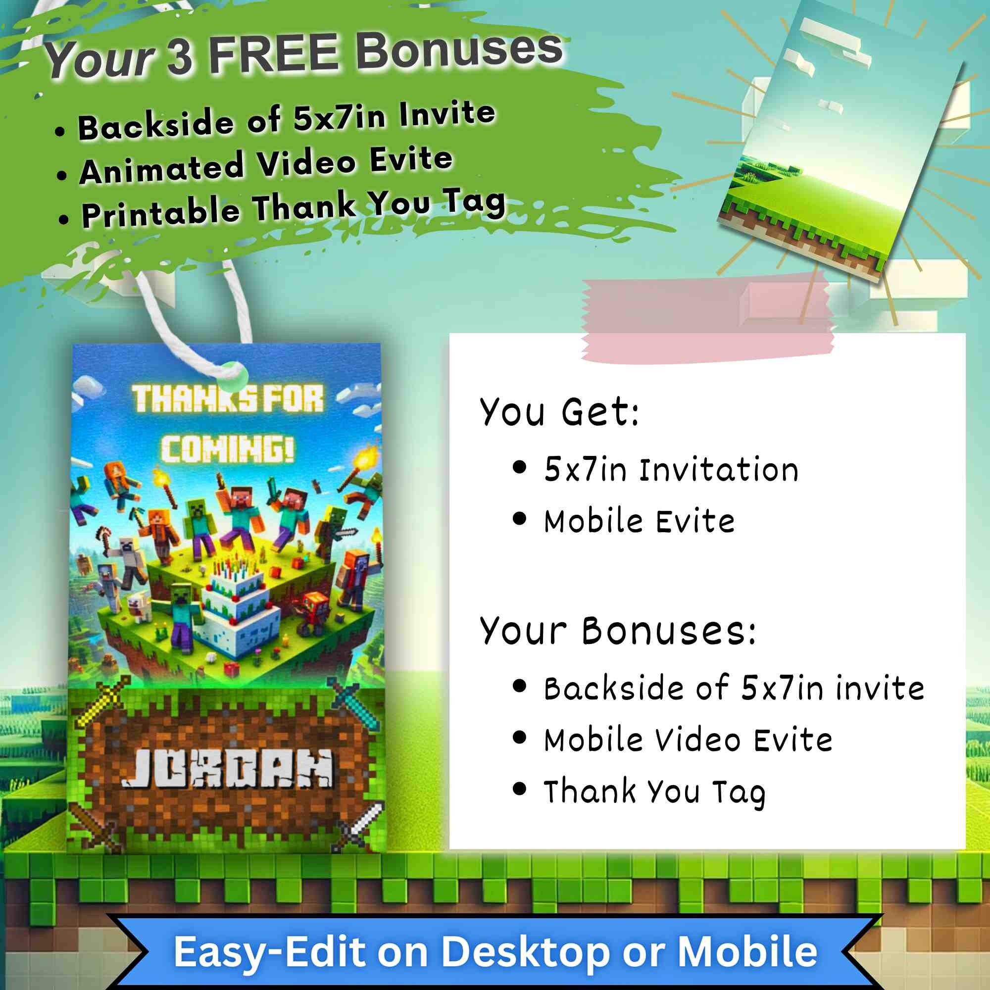 Minecraft Invite Code Playstation Video Game Birthday Invitation, Personalized Invite for Boys Girls ...