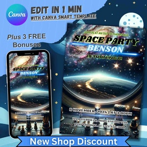 Convite de aniversário do espaço sideral, convite personalizado para meninos e meninas, festa de aniversário de astronauta, cartão editável de 5º aniversário, menino de quinto aniversário da NASA