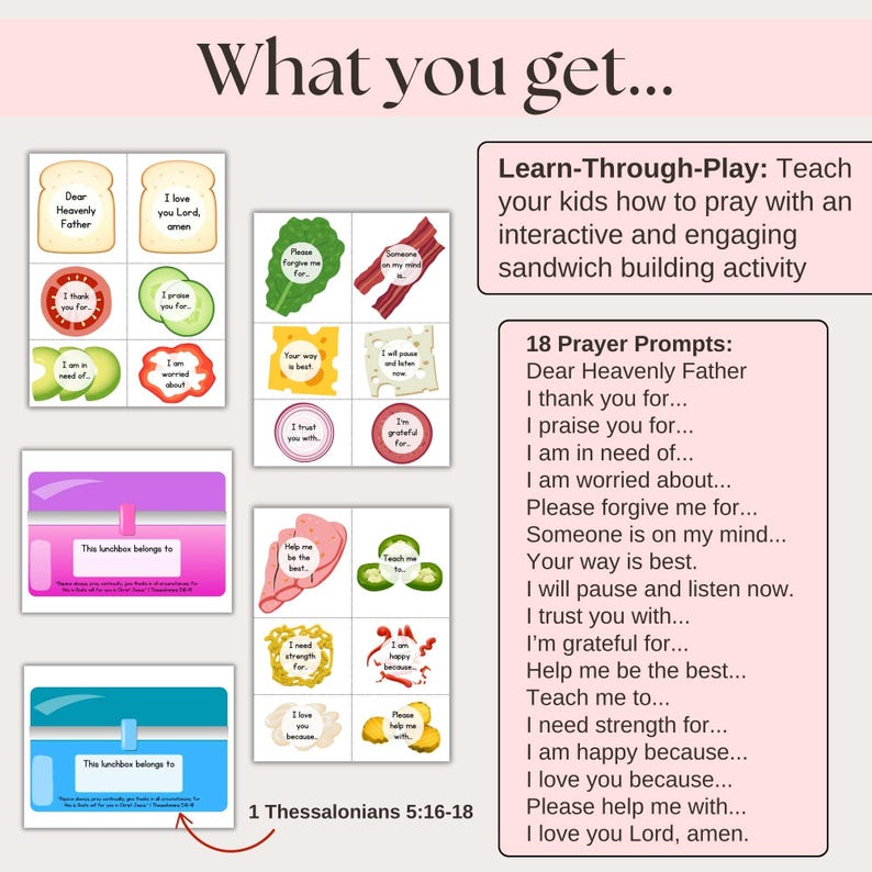 hristian prayer sandwich activity for kids, featuring 18 prayer prompts for Sunday school or homeschool Bible study. Learn-through-play with interactive prayer cards. Includes printable PDF and lunchbox color options. Great for teaching kids to pray.