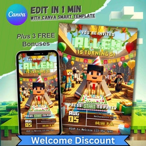 Invitación de cumpleaños de videojuegos, invitación personalizada para niños y niñas, tema de Minecraft, fiesta de cumpleaños de jugador, tarjeta editable del quinto día, Minecrafter