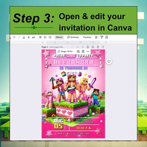 Step 3: Personalize your video game themed birthday invite using Canva for an effortless editing experience, ideal for your childs minecraft-inspired gamer party.