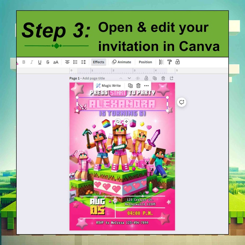 Step 3: Personalize your video game themed birthday invite using Canva for an effortless editing experience, ideal for your childs minecraft-inspired gamer party.