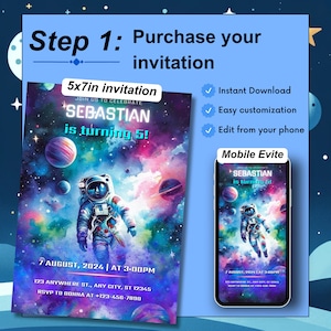 Step 1 in creating a memorable 1st birthday with our Outer Space themed invitation: Purchase and receive a free mobile-friendly version, perfect for an astronaut birthday party.