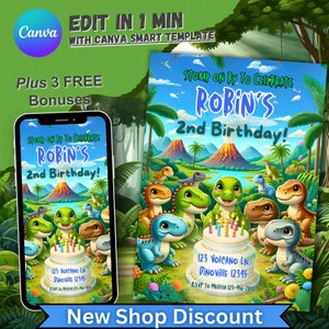 Convite de aniversário de dinossauro, convite personalizado para meninos e meninas, tema de festa de aniversário de Dino, cartão de primeiro aniversário editável, primeiro aniversário de menino trex