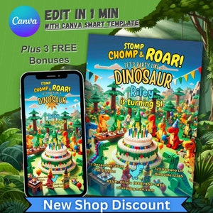 Convite de aniversário de dinossauro, convite personalizado para meninos e meninas, tema de festa de aniversário de Dino, cartão de primeiro aniversário editável, primeiro aniversário de menino trex