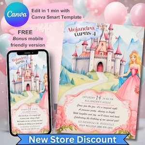 Convite de aniversário de princesa menina, convite personalizado para meninas, tema de festa de aniversário de príncipes, cartão de primeiro aniversário editável, primeiro aniversário de pêssego