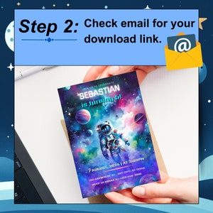 Step 2: Check your email for a special download link to the outer space birthday invitation, complete with a free video invite for an unforgettable first trip around the sun celebration.