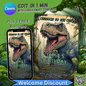 Faire-part d'anniversaire dinosaure, invitation personnalisée pour garçons filles, thème de la fête d'anniversaire de dinosaure, carte modifiable pour le 3e anniversaire de mariage, troisième anniversaire de garçon de trex
