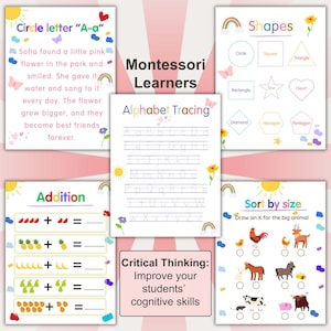 Montessori learner morning menu with critical thinking activities for Pre K and kindergarten. Includes alphabet tracing, shapes, sorting by size, addition, and letter recognition. Printable homeschool resource to improve cognitive skills for learner.