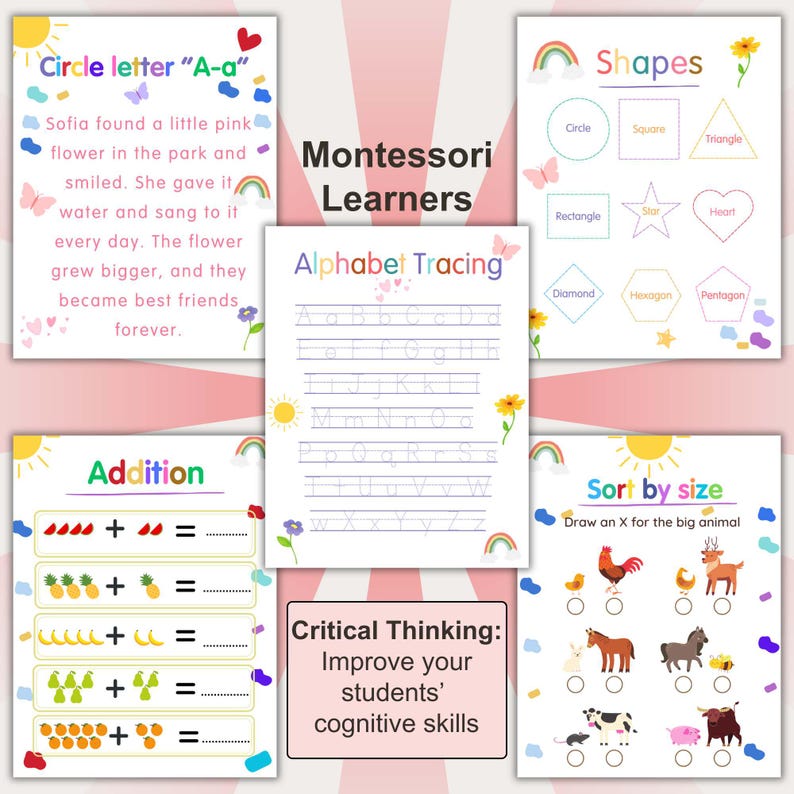 Montessori learner morning menu with critical thinking activities for Pre K and kindergarten. Includes alphabet tracing, shapes, sorting by size, addition, and letter recognition. Printable homeschool resource to improve cognitive skills for learner.