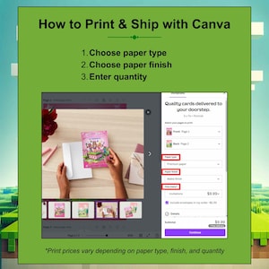 Guide on printing and shipping with Canva: Select paper type and finish, specify quantity, and receive quality video game themed birthday invitations for your event