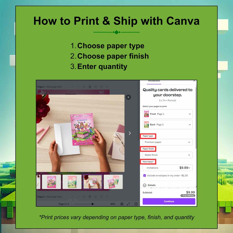 Guide on printing and shipping with Canva: Select paper type and finish, specify quantity, and receive quality video game themed birthday invitations for your event