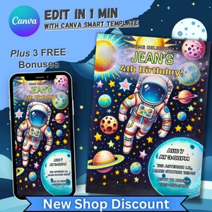 Convite de aniversário do espaço sideral, convite personalizado para meninos e meninas, festa de aniversário de astronauta, cartão editável de 4º aniversário, menino de quinto aniversário da NASA