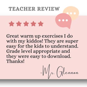 Teacher review praising warm-up exercises for kids. Easy-to-understand activities that are grade-level appropriate and simple to download. Great for Montessori learners, Pre K, and kindergarten classrooms. Positive feedback on homeschooling resources