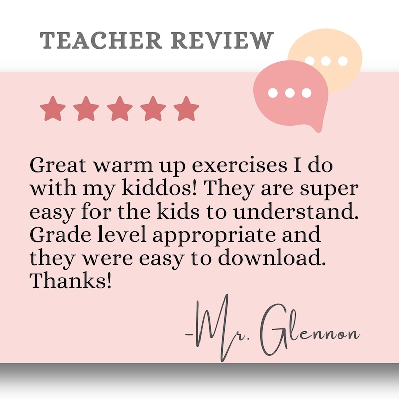 Teacher review praising warm-up exercises for kids. Easy-to-understand activities that are grade-level appropriate and simple to download. Great for Montessori learners, Pre K, and kindergarten classrooms. Positive feedback on homeschooling resources