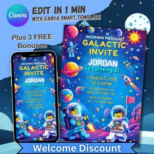 Invitation d'anniversaire dans l'espace, invitation personnalisée pour garçons et filles, anniversaire d'astronaute, carte modifiable pour le 5e anniversaire de mariage, cinquième anniversaire de la NASA pour garçon