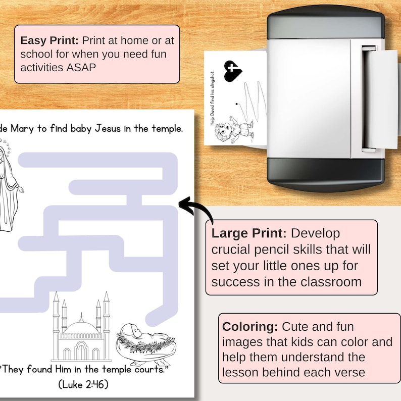 Easy print Bible activity sheets for kids, featuring large print Christian mazes and coloring pages. Perfect for homeschool Bible lessons, Sunday School activities, and early education. Fun Bible verse activities for young children to develop skills