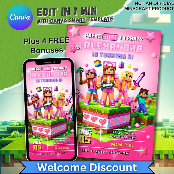 Girl Minecrafter Birthday Invitation, UNOFFICIAL Minecraft Invite for Boy and Girls, Mine Craft Theme Bday Party, Editable MinecraftBirthday