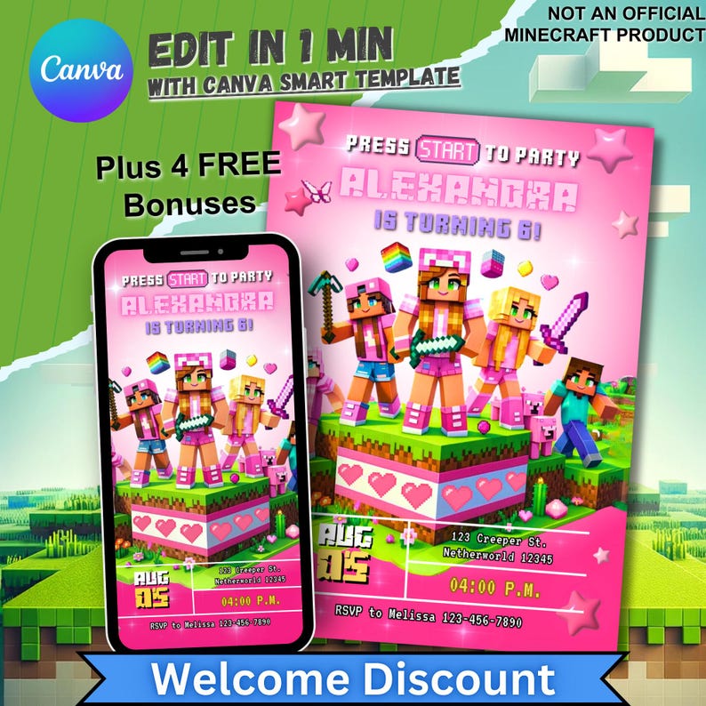 Editable Video Game Birthday Invitation template for kids featuring pixel-style game characters, perfect for mine gamer theme party, includes easy Canva customization and bonus offers.