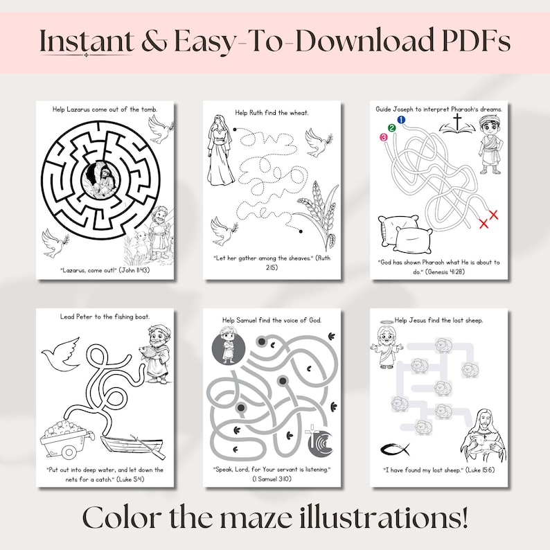 Instant and easy-to-download Christian Bible printable activities for kids. Includes Bible mazes, Sunday School lessons, and homeschool Bible verse activities. Great for teaching Bible stories, homeschool Christian studies, and Sunday School coloring