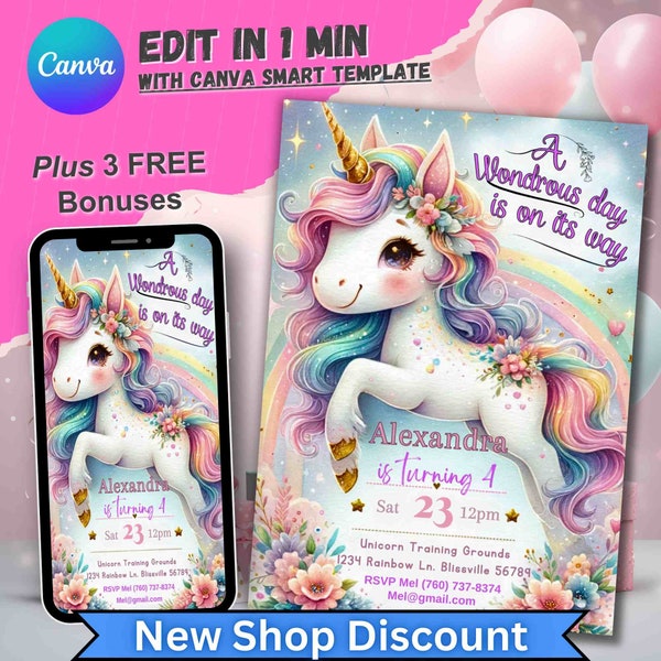 Faire-part d'anniversaire licorne, invitation personnalisée pour les filles, thème de fête d'anniversaire de licornes, carte d'anniversaire 1er anniversaire modifiable, licorne premier anniversaire de fille