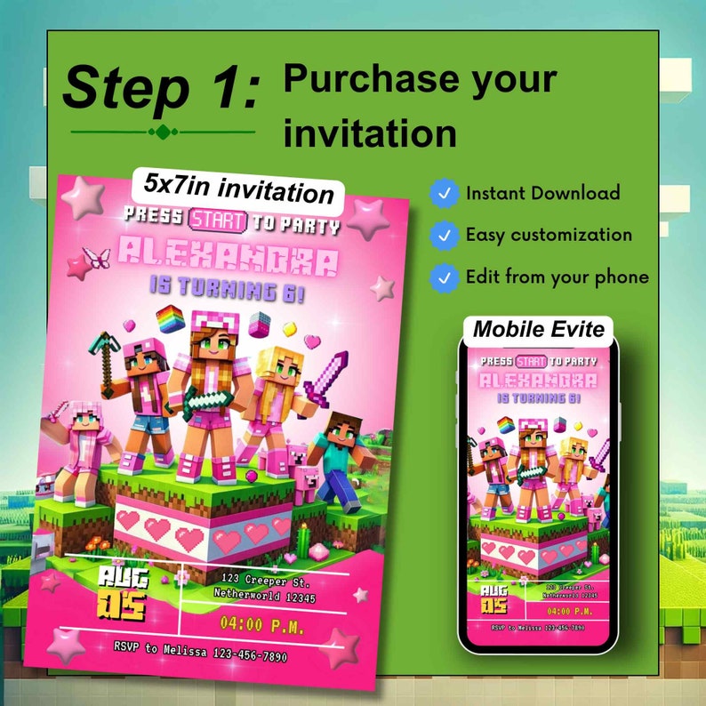 Step 1 in creating a thrilling video game birthday: Purchase your personalized invitation, complete with a pixelated game design, and get a free mobile version for your gamers party. Instant Download, Easy customization, edit from your phone