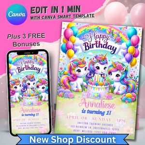 Unicorn Birthday Invitation, Personalized Invite for Girls, Unicorns bday Party Theme, Editable 1st B-day Card, Girl First Birthday Unicorne