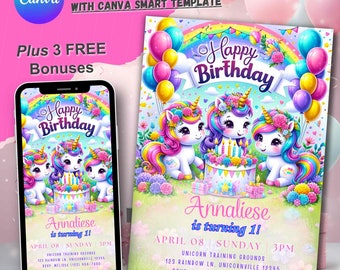 Einhorn-Geburtstagseinladung, personalisierte einladen für Mädchen, Einhörner-Party-Thema, bearbeitbare 1.B-Day-Karte, Mädchen-erster Geburtstags-Unicorne