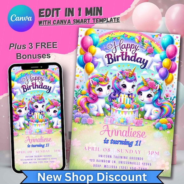 Unicorn Birthday Invitation, Personalized Invite for Girls, Unicorns bday Party Theme, Editable 1st B-day Card, Girl First Birthday Unicorne