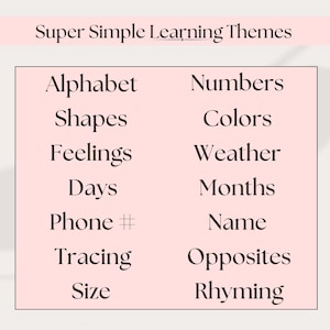 Super simple learning themes for Montessori learners, Pre K, and kindergarten homeschoolers. Themes include alphabet, numbers, shapes, colors, tracing, weather, days, months, opposites, rhyming, feelings, and more. Perfect for homeschool resources.
