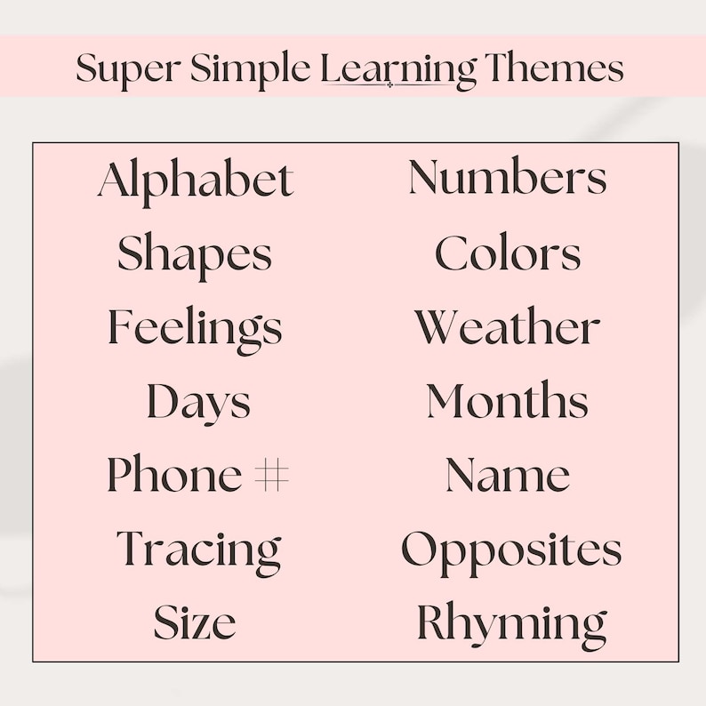 Super simple learning themes for Montessori learners, Pre K, and kindergarten homeschoolers. Themes include alphabet, numbers, shapes, colors, tracing, weather, days, months, opposites, rhyming, feelings, and more. Perfect for homeschool resources.