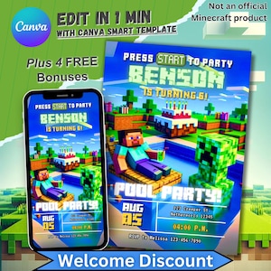 Invitación de cumpleaños para fiesta de verano en la piscina, invitación no oficial de Minecraft para niños y niñas, temática de Minecraft, 5.º cumpleaños editable, fiesta de Minecrafter