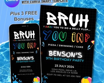 Pode incluir: Um convite para uma festa de aniversário preto e verde neon com o texto "Bruh You In?" e "Benson's 9th Birthday Party". O convite inclui detalhes sobre a festa, incluindo a data, a hora e o local. O convite também inclui um desconto de boas-vindas.