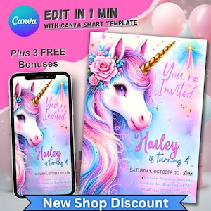 Unicorn Birthday Invitation, Personalized Invite for Girls, Unicorns bday Party Theme, Editable 1st B-day Card, Girl First Birthday Unicorne