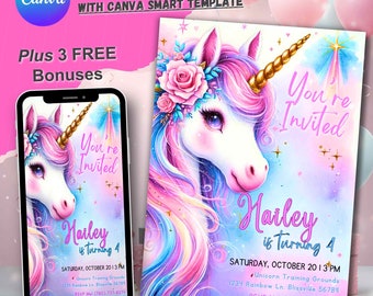 Unicorn Birthday Invitation, Personalized Invite for Girls, Unicorns bday Party Theme, Editable 1st B-day Card, Girl First Birthday Unicorne