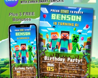 Faire-part d'anniversaire de jeu vidéo, invitation personnalisée pour garçons et filles, thème Minecraft, fête d'anniversaire de joueur, carte modifiable pour le 5e anniversaire de mariage, Minecrafter