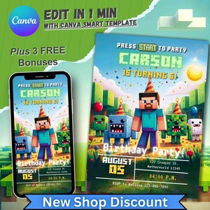 Videospiel-Geburtstagseinladung, personalisierte Einladung für Jungen und Mädchen, Minecraft-Thema, Gamer-Geburtstagsparty, bearbeitbare Karte zum 5. Geburtstag, Minecrafter