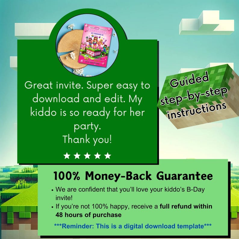 Delighted customer review for a minecrafters-themed birthday invitation, with a five-star rating and 100% Happiness Guarantee, promising full support and easy instructions for a seamless experience.